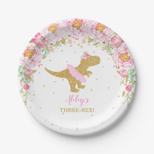 Rosa Floral Dinosaur Geburtstagsparty T-Rex 7 Pappteller