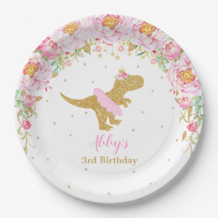 Rosa Floral Dinosaur Geburtstagsparty T-Rex 9 Pappteller