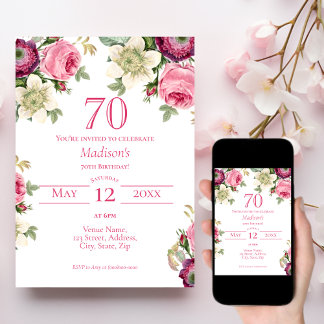 Rosa Floral | Einladung zum 70. Geburtstag