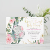 Rosa Floral Elephant Drive by Girl Babydusche Einladung (Stehend Vorderseite)