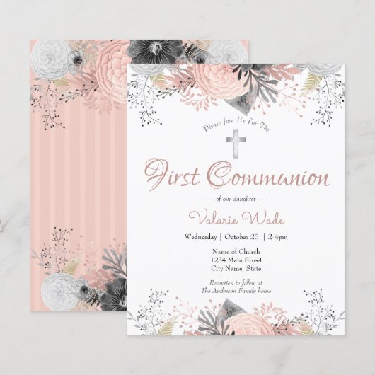 Rosa Floral Erste Einladungen aus dem Gemeinschaft (Vorne/Hinten)