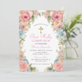 Rosa Floral Erste Heilige Kommune Einladung (Stehend Vorderseite)