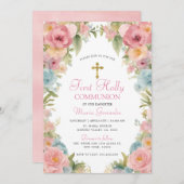 Rosa Floral Erste Heilige Kommune Einladung (Vorne/Hinten)