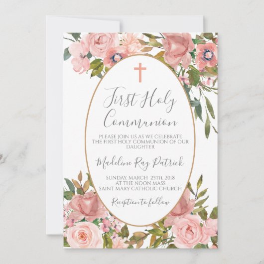 Rosa Floral Erste Kommune Einladung (Vorderseite)