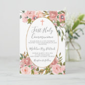 Rosa Floral Erste Kommune Einladung (Stehend Vorderseite)