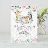 Rosa Floral Eucalyptus Safari Baby Dusche Einladung (Stehend Vorderseite)