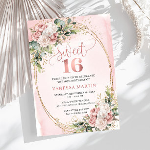 Rosa Floral Eucalyptus Sweet 16 Geburtstag Einladung