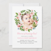 Rosa Floral Girl 1. Geburtstag Einladungen | FOTO (Vorderseite)