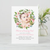 Rosa Floral Girl 1. Geburtstag Einladungen | FOTO (Stehend Vorderseite)