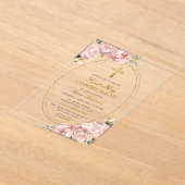 Rosa Floral Girl Erste Kommune Gold Kreuz Acryleinladungen (Ablage )