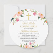 Rosa Floral Girl First Holy Communion Circle Einladung (Vorderseite)
