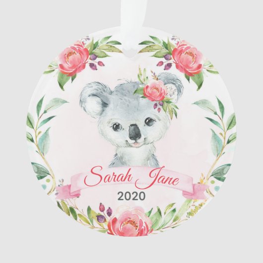 Rosa Floral Girls Koala Bärenname Ornament (Vorderseite)
