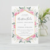 Rosa Floral Gold Blätter Nuestra Boda Wedding Einladung (Stehend Vorderseite)