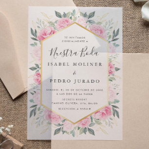 Rosa Floral Gold Blätter Nuestra Boda Wedding Pergament Einladungen