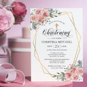 Rosa Floral Gold Cross Christening Taufe Girl Einladung