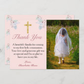 Rosa Floral Gold Cross Erste Kommune Dankeskarte (Vorne/Hinten)