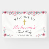 Rosa Floral Gold Cross Erste Kommune Willkommen Banner (Horizontal)