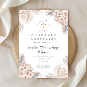Rosa Floral Gold Cross Religiöse Erste Kommunion Einladung
