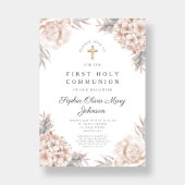 Rosa Floral Gold Cross Religiöse Erste Kommunion Einladung