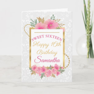 Rosa Floral Gold Elegant Sweet Sixteen Karte