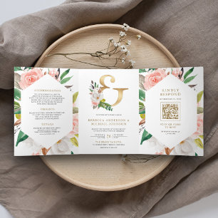 Rosa Floral Gold Et-Zeichen QR-Code Hochzeit Dreifach Gefaltete Einladung