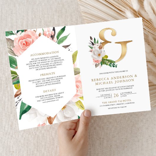 Rosa Floral Gold Et-Zeichen QR-Code Hochzeit Einladung