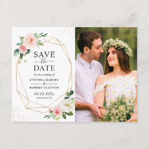 Rosa Floral Gold Geometrisch Save the Date Postkarte