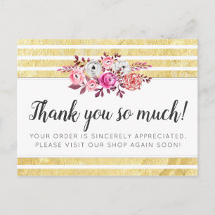 Rosa Floral & Gold Glamour Moderne Streifen Dankes Postkarte