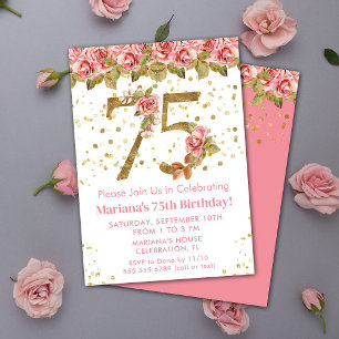 Rosa Floral Gold Glitzer 75. Geburtstagsparty Einladung