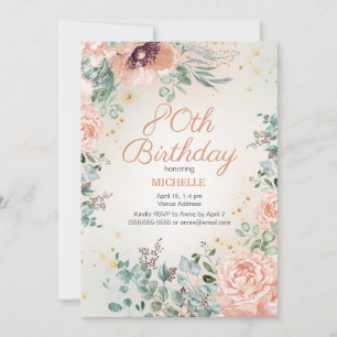 Rosa Floral Gold Glitzer 80. Geburtstag Einladung