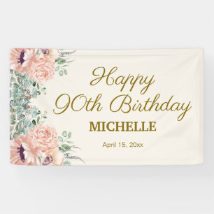 Rosa Floral Gold Glitzer Happy 90. Geburtstag Banner