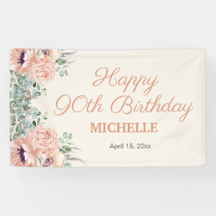 Rosa Floral Gold Glitzer Happy 90. Geburtstag Banner