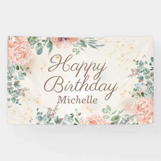 Rosa Floral Gold Glitzer Happy Birthday Banner (Horizontal)