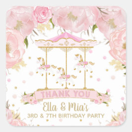 Rosa Floral Gold Karussell Mergo Runde Geburtstag Quadratischer Aufkleber