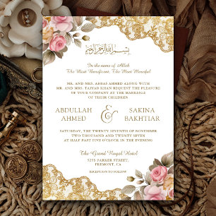 Rosa Floral Gold Lace QR Code Muslime Hochzeit Einladung