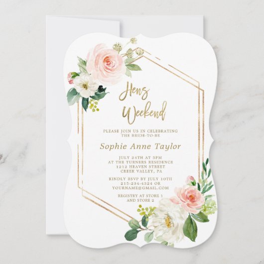 Rosa Floral Gold Rahmen Hühner Bachelorette Wochen Einladung (Vorderseite)
