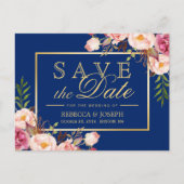 Rosa Floral Gold Royal Navy Blau - Save the Date Ankündigungspostkarte (Vorderseite)