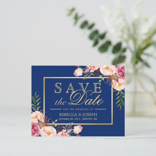 Rosa Floral Gold Royal Navy Blau - Save the Date Ankündigungspostkarte (Stehend Vorderseite)