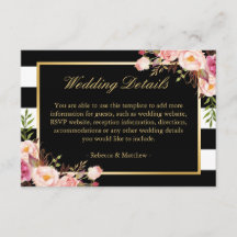 Rosa Floral Gold Schwarze Streifen Hochzeitdetails