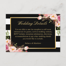 Rosa Floral Gold Schwarze Streifen Hochzeitdetails Begleitkarte