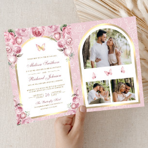 Rosa Floral Goldener Bogen Schmetterling Hochzeit Einladung