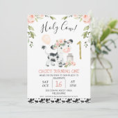 Rosa Floral Heilige Kuh Kuh Print Erstgeburt Einladung (Stehend Vorderseite)