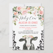 Rosa Floral Heilige Kuh Kuh Print Erstgeburt Einladung (Vorderseite)