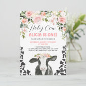 Rosa Floral Heilige Kuh Kuh Print Erstgeburt Einladung (Stehend Vorderseite)