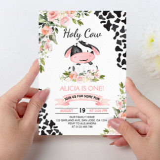 Rosa Floral Heilige Kuh Kuh Print Erstgeburt Einladung