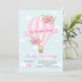 Rosa Floral Hot Air Ballon Geburtstag Einladung (Stehend Vorderseite)