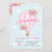 Rosa Floral Hot Air Ballon Geburtstag Einladung (Vorne/Hinten)