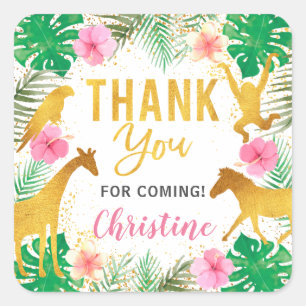 Rosa Floral Jungle Animes Safari Party Quadratischer Aufkleber