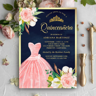Rosa floral Kleid in Navyblau mit Gold für Quincea Einladung