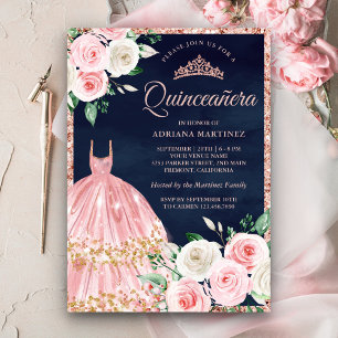 Rosa floral-kleid Rose Gold Navy Quinceanera Einladung